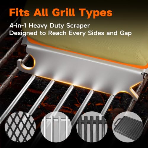 Grill Brush Bristle-Free with Scraper, Kevlar Steam BBQ Cleaner, Orange | Non-Metal Bristle, Replaceable Head, 17" Handle, 4-in-1 Scraper, for Porcelain, Ceramic, Stainless Steel, Cast Iron Grate - color: Grill Brush & Scraper