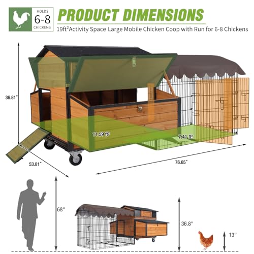 Extra Large Mobile Chicken Coop with Run, Portable Chicken Tractor with Wheels, 76.7" L Hen House Poultry Cage with All-Around Iron Frame, Metal Sliding Tray, 6 Nesting Boxes for 6-8 Chickens - size: 76.6"L x 53.8"W x 36.8"H, Fits 6-8 Chickens