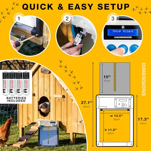 ChickenGuard AIO Complete Automatic Chicken Coop Door Plus AA Batteries | Battery-powered automatic chicken door opener with timer/light sensor, anti-pinch, weather-resistant anti-lift aluminum door