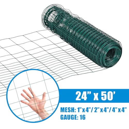 Fencer Wire Green Vinyl Coated 16 Gauge Rabbit Guard Fence, Poultry Outdoor Fencing Barrier Wire Roll for Garden Yard, Protecting Against Rabbits, and Other Small Animals Damage (24 in. x 50 ft.) - size: 24 in. x 50 ft., style: Green Vinyl Coated