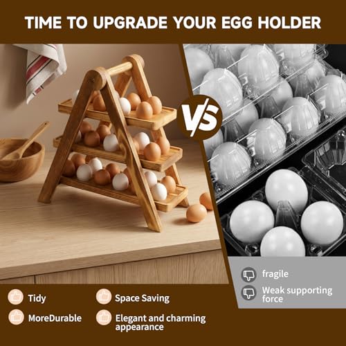 Wooden Egg Holder Countertop, 3 Tier A-Frame Fresh Egg Storage, 30 Hole Pull out Eggs Racks Basket, Egg Storage Organizer for Farmhouse Kitchen Counter, Kitchen Chicken Coop, Easy Storage