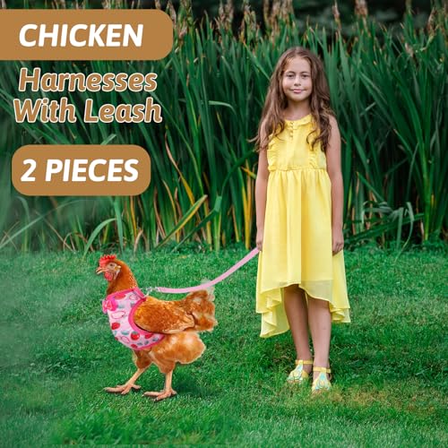 2 Pcs Adjustable Chicken Harness and Leash Set, Comfortable Chicken Vest Elastic Hen Vest with Strawberry Pineapple Print for Small Pets Duck Goose Hen Training Walking Supplies