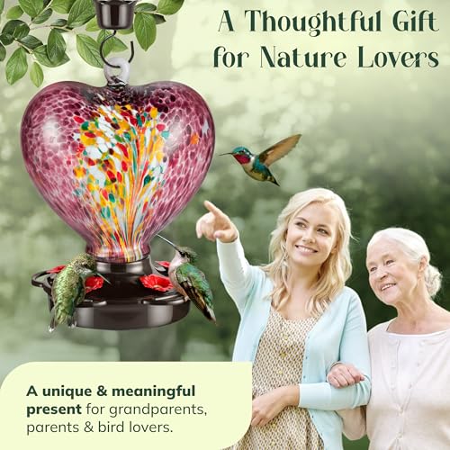Hand Blown Glass Hummingbird Feeder for Outdoors All Season Use - 28 Fl. Oz. Leak Proof Hummingbird Feeder with Rust Proof Base - Includes Ant Moat, Ant & Bee Proof (Purple) - color: Purple