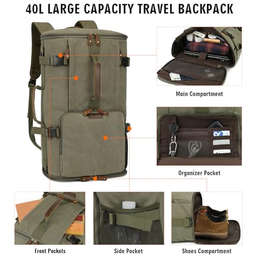 Travel Backpack for Men, 40L Flight Approved Carry On Backpack, Water Resistant Canvas Rucksack with 17.3" Laptop Sleeve, Convertible Duffel Bag for Airplane, Business & Travel - color: Green