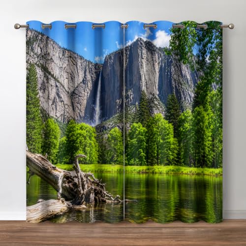 Mountains Forest Blackout Curtains 2 Panel Set, 52"x63" | Jungle Green Trees River in Bright Sunshine Nature Scenery Decor Bedroom Living Room Darkening Grommet Window Drapes - color: Tree9, size: 52"W x 63"L (Pack of 2)