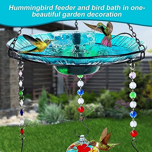 Hummingbird Feeder and Bird Bath for Outdoors 2-in-1 for Small Birds - Hummingbird Bath Fountain with 3 Red Feeder Pots - Hanging Solar Bird Bath Fountains NY1-FN04 - color: Blue