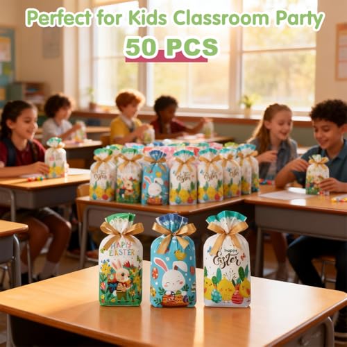 JOINDO 50 PCS Easter Bags, 6" x 9" Easter Goodie bags fit Treats and Small Gifts, Ribbon Drawstring Fast Packaging & Easy Use, Stand up Bottom, Opaque, 3 Patterns - color: Pattern 1