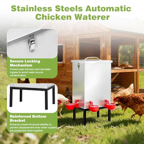 3 Gallons Chicken Waterer,Stainless Steels Automatic Chicken Waterer with Latch and Bottom Bracket，Poultry Watering 4 Water Cups Chicken Feeder Waterer and 4 Horizontal Automatic Chicken Nipples