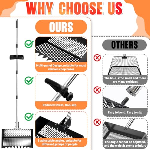 Chicken Poop Scooper, Adjustable Angle Chicken Coop Cleaning, 3-in-1 Sand Rake with Sifting Panels for Hen/Pet House Bedding Management, 304 Stainless Steel Chicken Coop Accessories