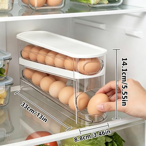 Auto-Rolling Egg Dispenser with Lid, Transparent, 1 Pack | Fridge Egg Organizer, Side-Door Slide Design, Stackable & Space-Saving, Easy Access, Holds 14–16 vs. Standard 12