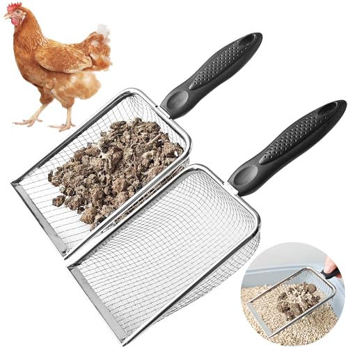 KOROI Chicken Poop Scooper - 2 Pack Chicken Coop Poop Scoop Shovel with 3.8mm & 5mm Mesh,Metal Chicken Coop Cleaning Tool,Sifting Rake for Chicken Litter, Sand, Chicken Coop Supplies