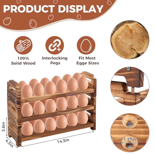 Wooden Egg Holder Countertop, 3 Layer Stackable Fresh Egg Display Storage Rack Organizer Stackable egg storage Easter Basket Farmhouse Egg Storage Basket with Handles Fits Duck Turkey Chicken Eggs