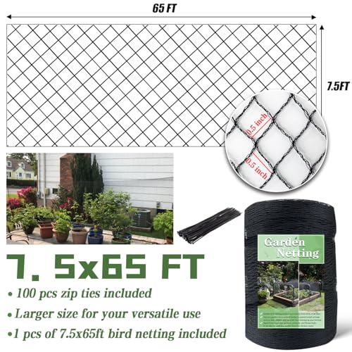 7.5 x 65 FT Bird Netting,1/2" Mesh Garden Netting,100PCS Zip Ties | Heavy Duty Bird Net Poultry Netting Fence for Chicken Coop,Fruit Trees,Plants and Vegetables Against Birds, Deer, Squirrels - size: 7.5 x 65 FT