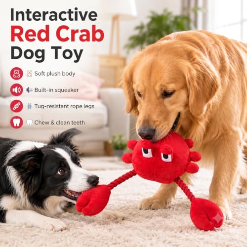 Squeaky Dog Plush Chew Toy, Interactive Tug Squeaky Toy for Chewers, Medium & Large Dogs & Fetch Play, 18.1 Inch Stuffed Crab Toy with Rope Twisted Claws for Gentle Gum Care & Boredom Relief, Red - color: Red (Crab)