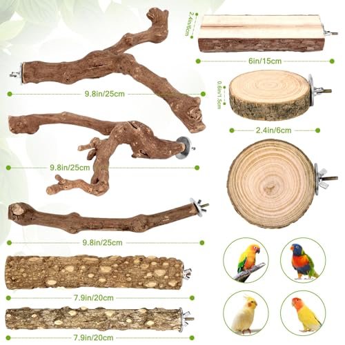 8 Pcs Natural Grape Wood Bird Perch & Platform Set for Cages | Ideal for Small/Medium Birds (Budgies, Conures) | Bark Textures for Foot Health | Tool-Free Wing-Nut | Safe Chewing - size: Natural Grapewood Variety Set - 8PCS