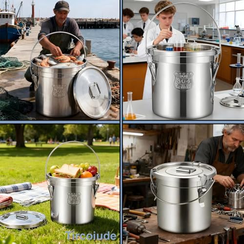 304 Stainless Steel Airtight Canister for Kitchen, 2.4Gal Food Storage Container with Lid and Locking Clamp Metal Bucket for Rice, Flour, Grain, Coffee Bean, Sugar, Cookie 9L (Handheld) - size: Handheld 9L/2.4gal