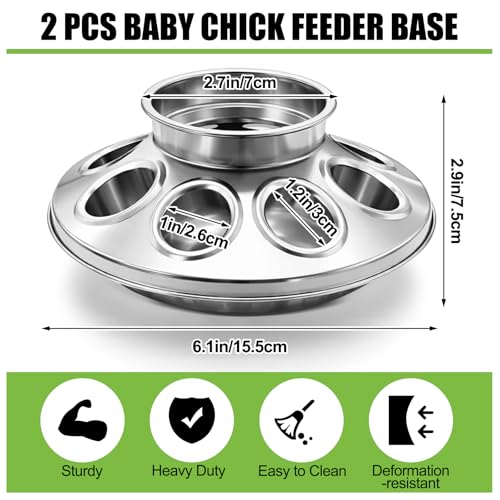 Potchen 2 Pcs Baby Chick Feeder Base, Galvanized Steel Poultry Feeding Tray with 8 Holes, 1 Quart Compatible with Mason Jars & Standard Feeder Jars for Small Birds Chicks - style: Feeder