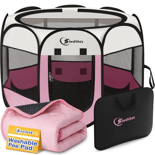 Siedihit Dog Cat Pet Playpen Tent Crate Cage with Washable Pad, Medium Pink | Breathable double-layer mesh Wide applicability Recovery After Surgery Portable Easy to Set up lightweight Recovering Pets - color: Pink with Pad