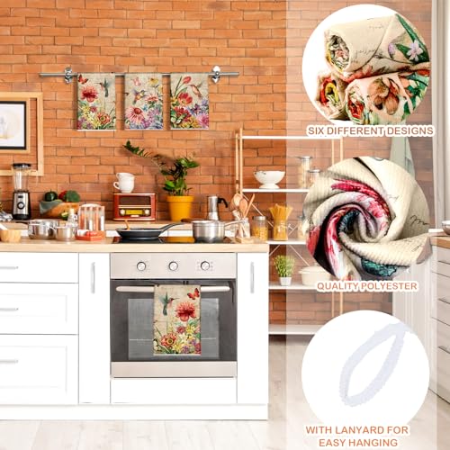 Patelai 6 Pcs Vintage Flowers Kitchen Towels Butterfly Hummingbirds Spring Dish Hand Towels Summer Bird Absorbent Washcloth for Farmhouse Rustic Kitchen Cooking Home Housewarming Gifts 21.26 x 14.17'' - color: Bright Color, style: Hummingbird