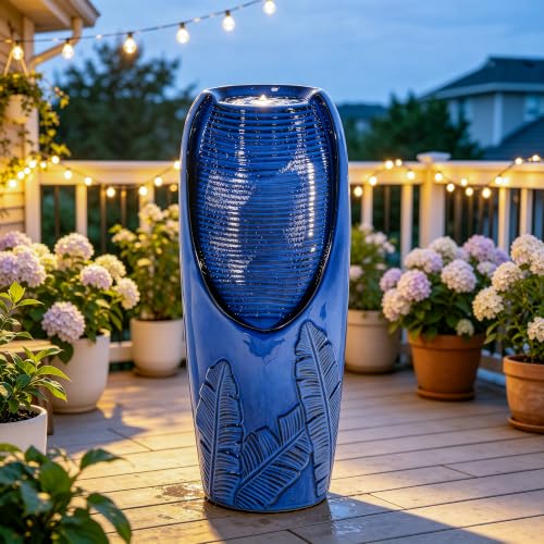 Autodaya 33" H Ceramic Jar Outdoor Water Fountain with Lights, Cobalt Blue | Natural Charm Water Feature with 3D Tropical Leaf Pattern, Soothing Cascading Waterfall for Peaceful Garden Patio Yard Porch - color: 32"h Cobalt Blue New