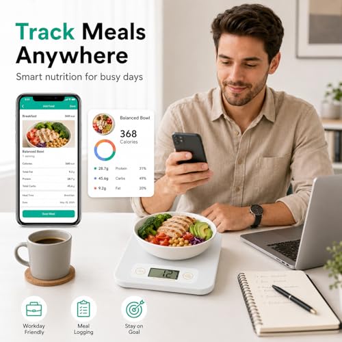 URAMAZ Smart Food Scale with Nutritional Calculator, Digital Kitchen Scale with Bluetooth App for Weight Loss, Food Weight Scale for Diet, Keto, Macro, Calories Counting, Tracking, 11lb - color: White