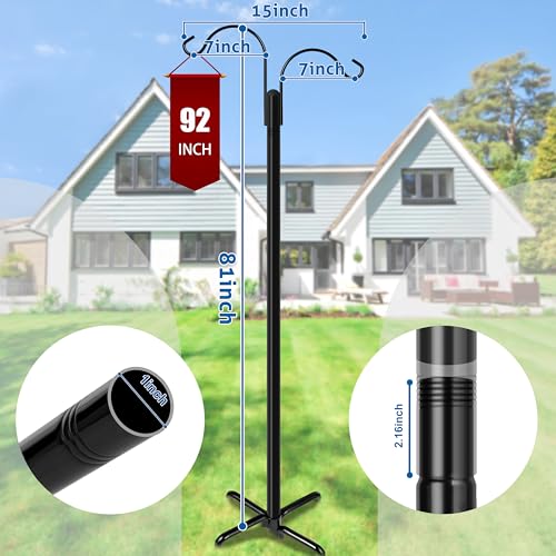 Ottsuls Double Shepherds Hooks for Outdoor, 92 Inch Bird Feeder Pole with 5 Prong Base, Upgrade 1 INCH Thick Heavy Duty Planter Hook for Hanging Baskets, Lantern,1 Pack - size: 92 IN