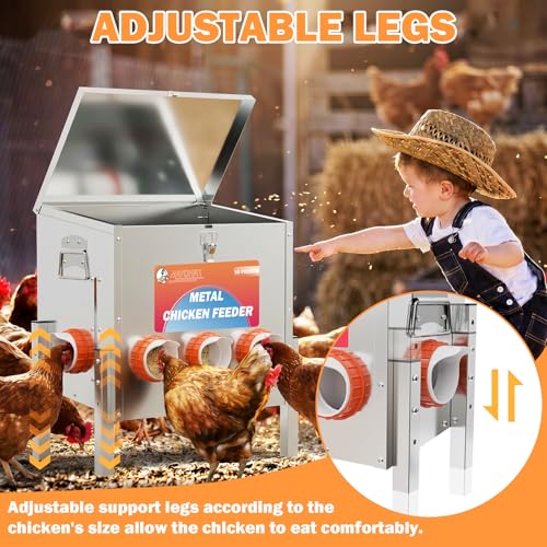 55LBS Automatic Chicken Feeder No Waste 5 Ports Metal Poultry Feeder with Adjustable Legs Perspective Window Latch & Handle for Chickens Bantams Pheasants - size: 5 Ports - 55 LBS