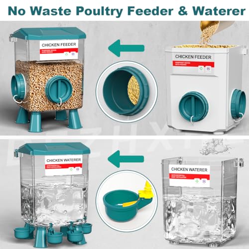 Chicken Feeder and Waterer Set, 1.9 Gallon/17.7 Pounds, Automatic Chicken Feeders and Chicken Waterer, Detachable for Chickens, Duck & Quail Coop Use, Outdoor Farm & Backyard (Lake Blue)