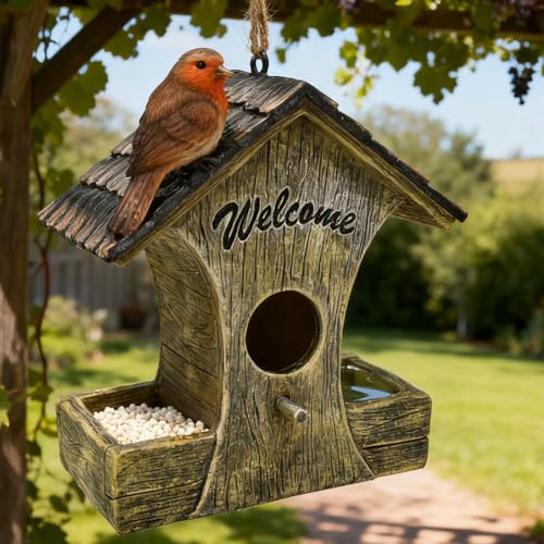 Charming Rustic Bird House with Feeder for Outside Unique Welcome Birdhouses Waterproof Garden Decor Yard Porch Tree Hanging Bird Nest for Bird Lovers Mom Housewarming