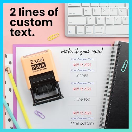 ExcelMark 2445 Date Stamp with Text - Blue and Red Ink (Peach Mount, Custom) - color: Peach Mount, size: Custom