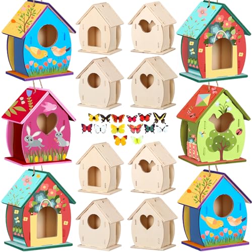 Outus 24 Pcs Wooden DIY Birdhouse Kits for Kids to Build, 4 Shapes Birdhouse Kit Wooden Unfinished with Butterfly Sticker for Boy Girl Arts Crafts(Cute) - style: Cute