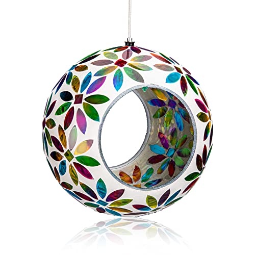 VCUTEKA Bird Feeder Fly Through Mosaic Hanging Birdfeeders for Garden Decor | 7 inch Mosaic Glass Bird Feeeder for Outdoors, Round Shape Glass Container to Attract Wild Birds for Backyard Porch Decor - color: White