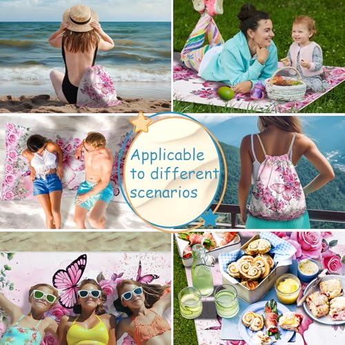 Pink Butterfly Beach Towel Bag - Summer Multi-Functional Microfiber Picnic Blanket Flower Printed Drawstring Bag for Travel - color: Love Butterfly Pink