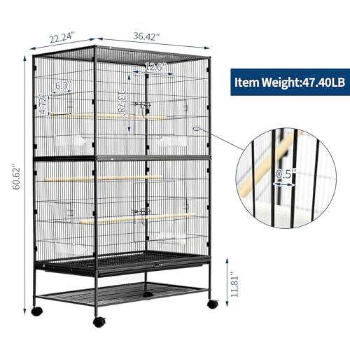 60" H Large Bird Cage, Rolling Bird Cage with Storage Stands, Feed Bowls, Wide Flight Parakeet Cage for Macaw, Parakeets, Conures, Cockatiel, Cockatoo - size: 60.0"L x 36.2"W x 22.4"H