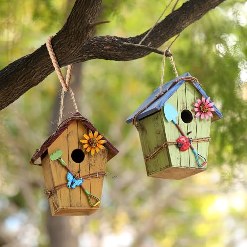 DoubleFill 2 Pcs Birdhouses for Outdoor Hanging Yard Outside Wooden Birdhouse Hand Painted Bird Box for Bird Lovers Bluebird Tree Garden Decor Decorative Birdhouse(Bright Color,Wooden Roof) - color: Bright Color, size: Wooden Roof