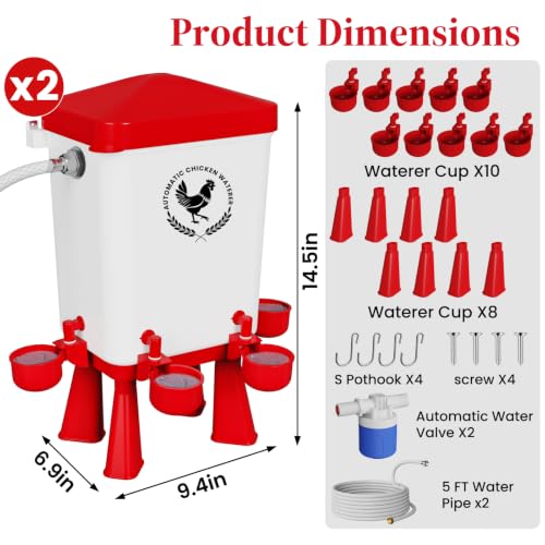 2 Pack 3 Gallon Automatic Chicken Waterer with Float Valve, Poultry Waterer with 10 Chicken Water Cups, 5 FT Water Pipe, Chicken Water Feeder for Coop, Ducks, Hens, Farm, Backyard(Red) - color: Red, size: Auto-2pcs