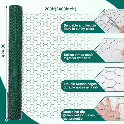 GlikCeil 36 in x 200 ft Chicken Wire Fencing Metal Floral Chicken Wire Mesh for Crafts Poultry Garden, 1 Inch Hexagonal Galvanized Hardware Netting for Poultry Coop Barrier Rabbit Cage (Green) - color: Green, size: 36 in X 200 ft