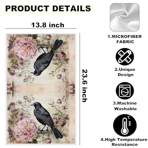 2 Pcs Black Raven Kitchen Towels Floral Decorative Tea Towel | Absorbent Microfiber Dish Cloth, Waffle Soft Hand Towels for Farmhouse, Home, Bathroom, Housewarming Gifts - color: Multi 1254