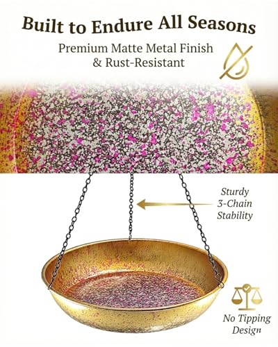 Hanging Bird Bath for Outside Metal Birdbath 11 Inch for Birds to Seed Bathe Drink Decor Bird Bath Gold to Iridescent Pink Gradient Decor for Garden Back Yard Patio Attracts Hummingbirds & Finches - color: Gold Iridescent Pink Gradient