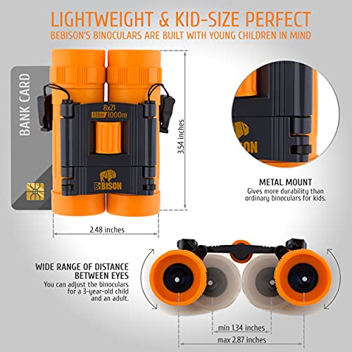 BeBison Binoculars for Kids - 8x21 High Resolution Real Optics - Compact Folding Shockproof Kids Binoculars for Bird Watching - Spy Games - Outdoor Play for Boys and Girl - color: Orange
