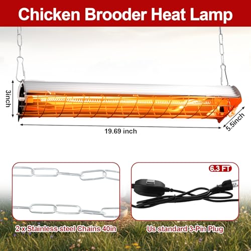 400w Large Hanging Chicken Coop Heater Lamp Carbon Fiber Chicks Brooder Heater 5pcs Chick Feeder and Waterer Kit with Wooden Perch for Poultry Chicks Ducks Quail Pigeons Birds