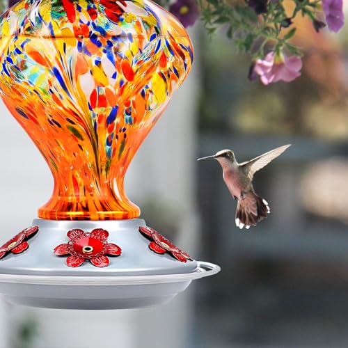 Glass Hummingbird Feeders for Outdoors Hanging with ant Moat, Orange | Hand Blown, 24oz, 5 Bee-Proof Ports, 360° Perch, Leak-Proof, Easy Refill & Clean, Garden Decor, Gifts for Mom Dad Women Men - color: Orange Fireworks