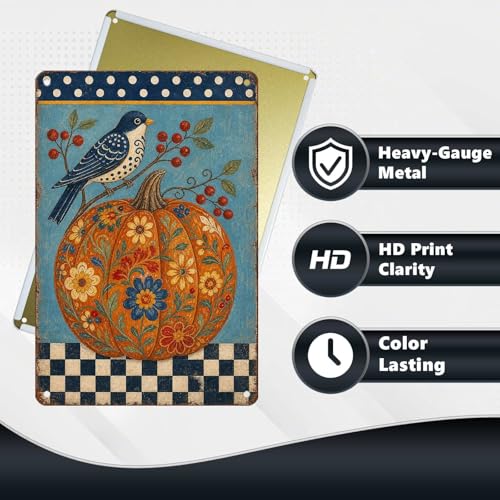 Folk Art Blue Bird Floral Pumpkin Tin Sign Vintage Fall Farmhouse Wall Decor for Kitchen Dining Room Living Room Porch Entryway and Home Decor 12 * 8In - color: Vintage Thanksgiving Tin Sign 17, size: 20X30cm(12*8in)