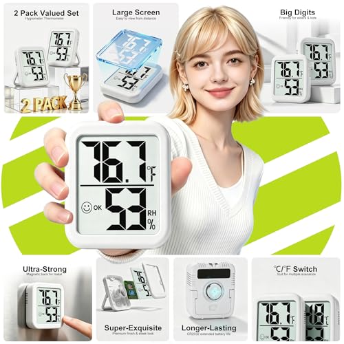 2 Pack Room Thermometer Indoor Hygrometer | Monitor Temperature & Humidity, Accurate, Fast Read, Easy To View, Magnetic/Kickstand/Hanging, ℉/℃, w/ Battery, Compact - color: 2 Pcs * Classic White ( 90%+ Choice for Home )