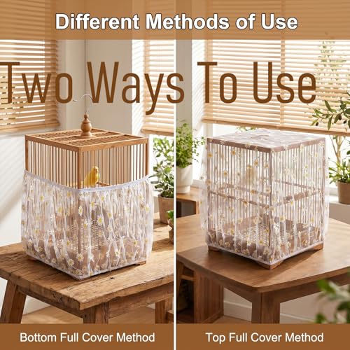 Bird Cage Seed Catcher Net Cover, Bird Cage Net, Mesh Parrot Cage Skirt Guard for Parrot Cockatiel Budgie Fits Round Square Cages(Daisy-White, 59''-87"X15.7")