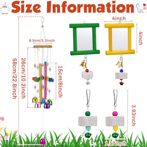 VioraWhite 7 Pcs Chicken Toys, Hanging Chicken Wind Chime, 2 Pcs Coop Mirror Toys with Bells 4 Pack Beak Grinding Stones, Musical Coop Accessories for Hens Roosters Chicks Poultry Birds(Yellow，Green) - color: Yellow，green