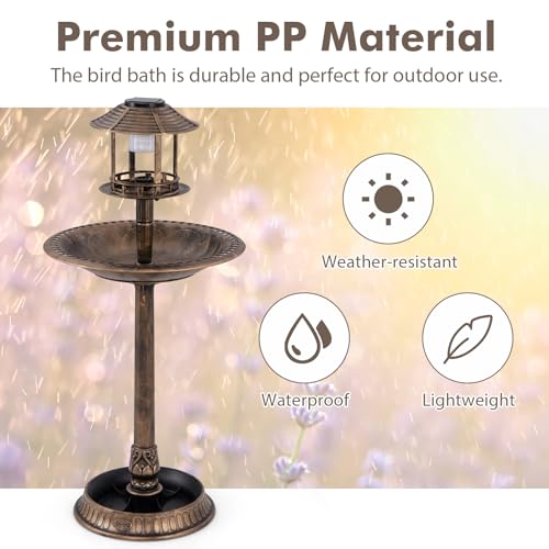 Solar Bird Bath, Pedestal Bird Bath with Bird Feeder, Flower Planter Base, and Solar Powered Lamp, Standing Birdbath for Outdoors, Garden, or Yard, 42 Inch Tall (Bronze) - color: Bronze