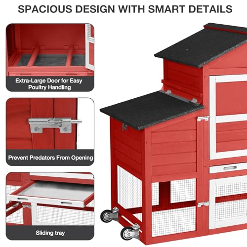 Large Chicken Coop with Wheels, Outdoor Wooden Hen House with Run & Nesting Box, for 3-5 Chickens, Waterproof Asphalt Roof, Leakproof Tray, Expandable Poultry Cage-Red - color: Red (AIR72-R)
