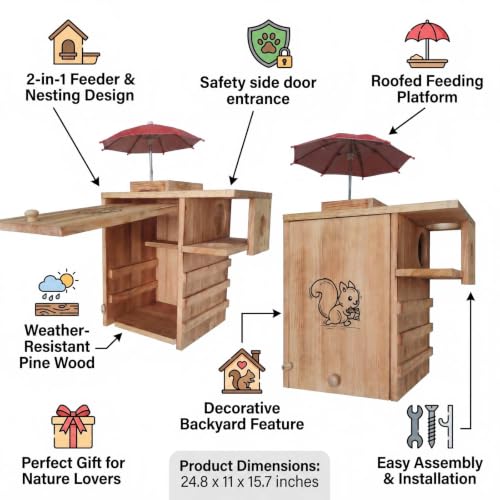 Outdoor Extra Large Wooden Squirrel House Protective Nest Box with Feeder | Natural pine, weatherproof. Backyard shelter for squirrels, chipmunks, birds. Easy mount. Size 24.8x11x15.7in - size: XL