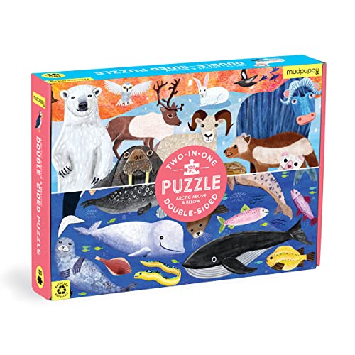 Mudpuppy Arctic Above & Below 100 Piece Double-Sided Puzzle, 100 Pieces, 22” x 16.5” – Perfect Family Puzzle for Ages 6+ – Colorful Illustrations of Land Animals and Ocean Life - style: Arctic